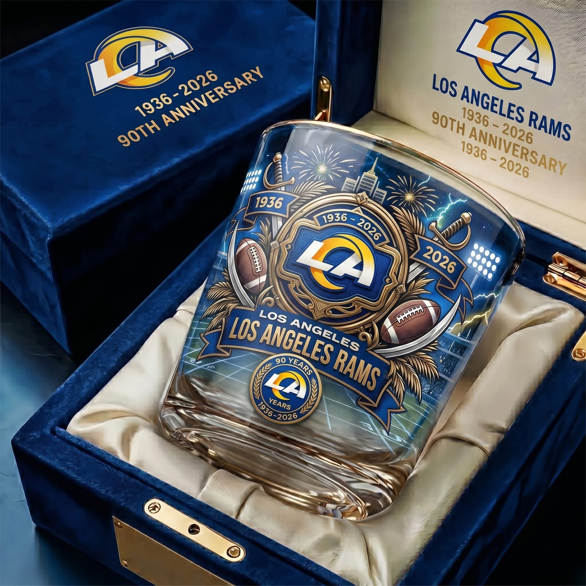 Los Angeles Rams 90th Anniversary 1936-2026 Whiskey Glass - Image 1
