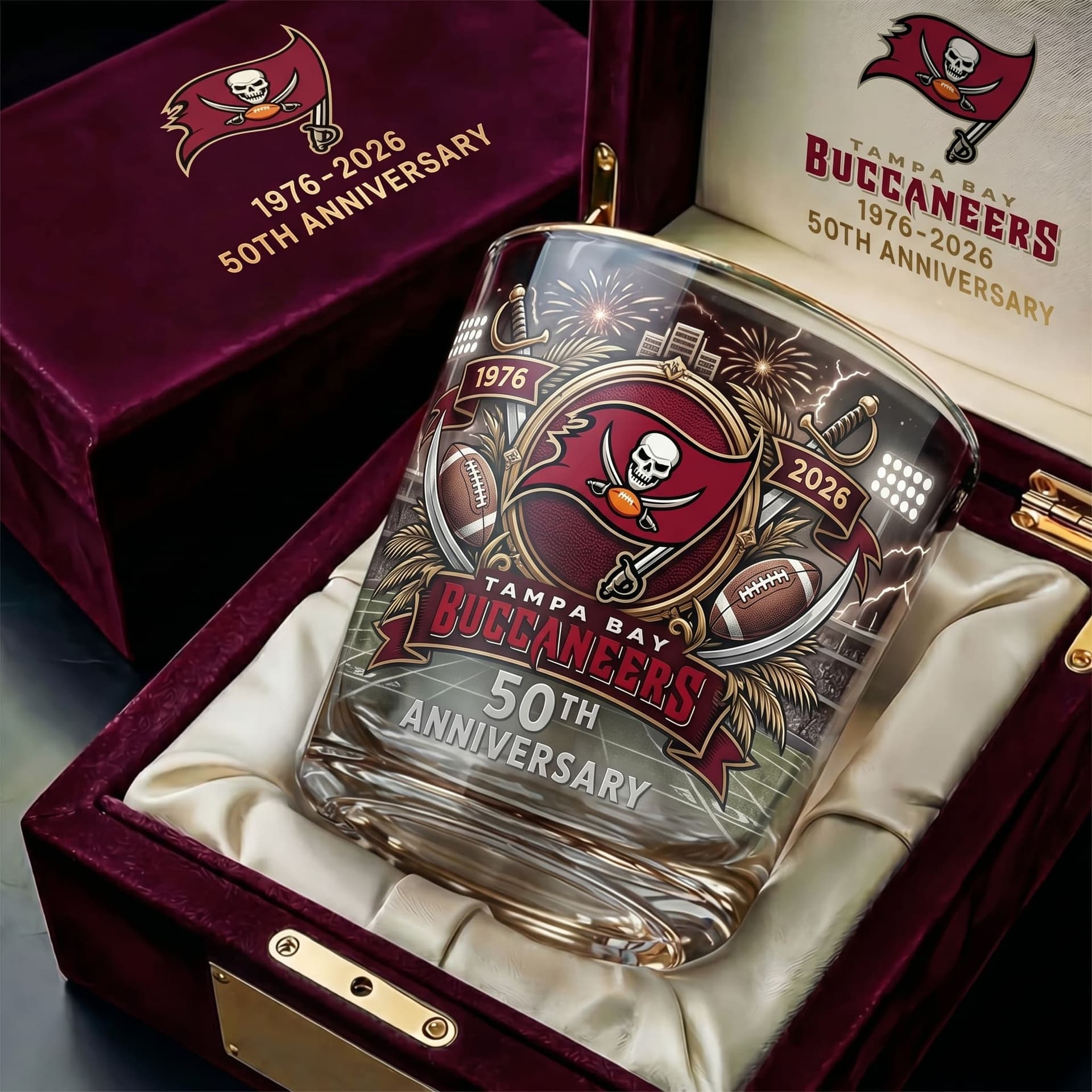 Tampa Bay Buccaneers 50th Anniversary 1976-2026 Whiskey Glass - Image 1