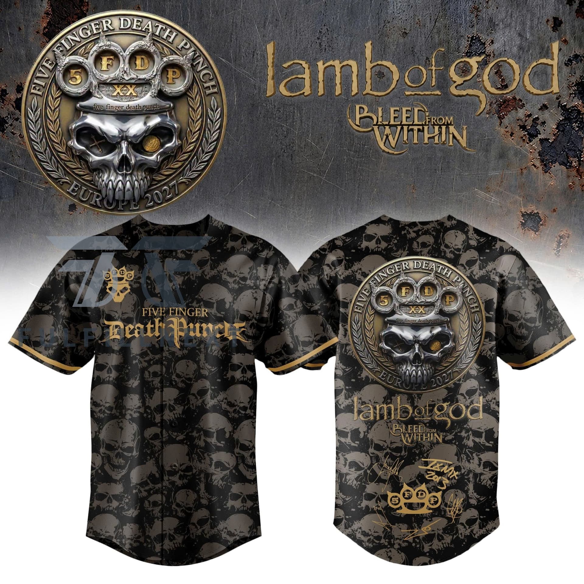 Five Finger Death Punch Lamb of God Europe 2027 Tour Baseball Jersey - Image 1