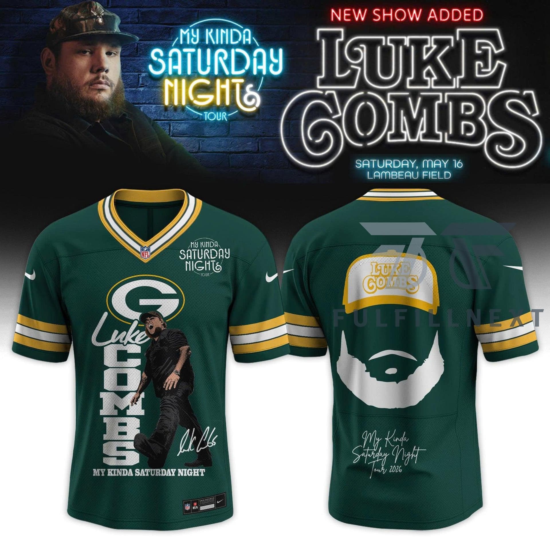 Luke Combs Green Bay Packers My Kinda Saturday Night Tour Jersey - Image 1