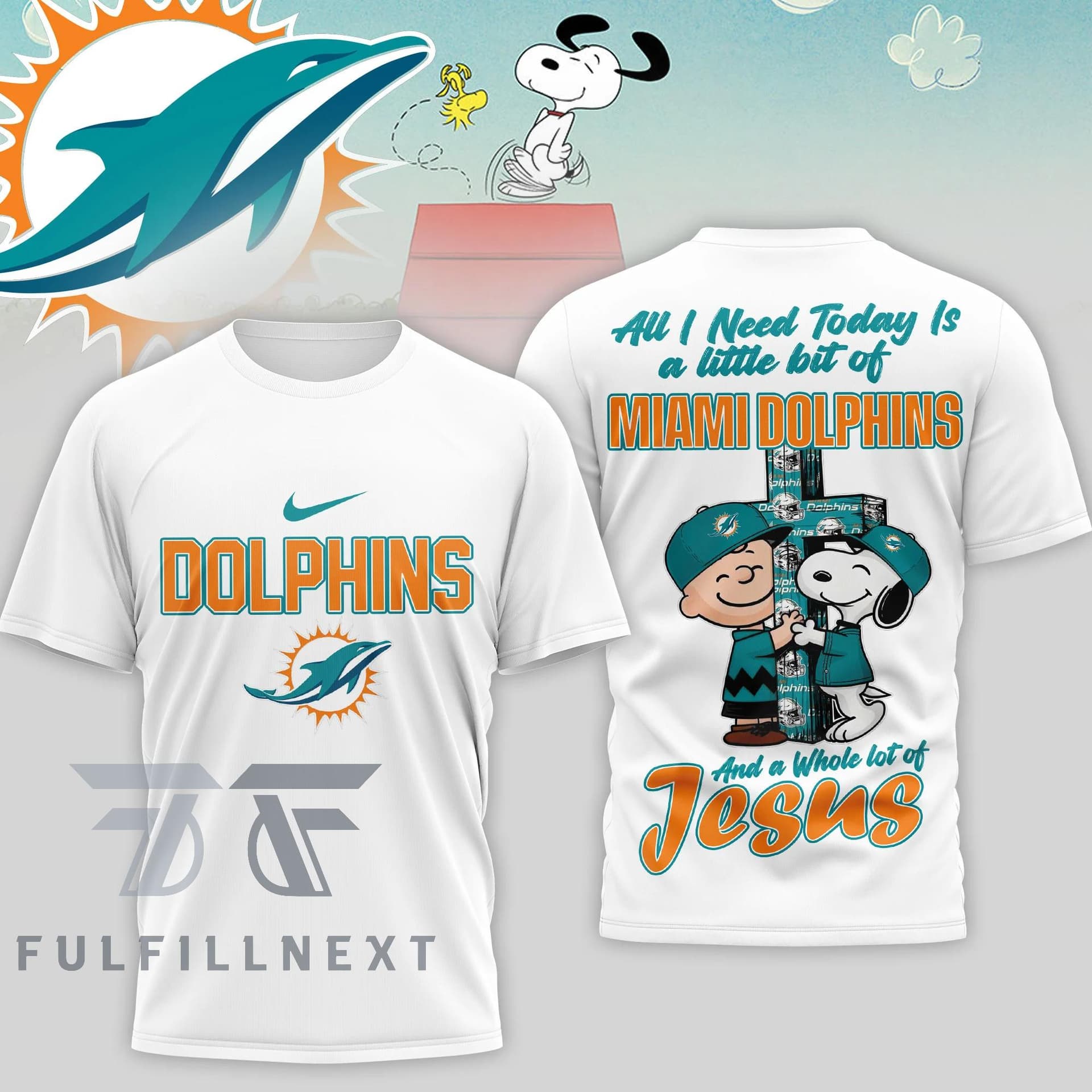 Miami Dolphins Peanuts Charlie Brown Snoopy T-Shirt - Image 1