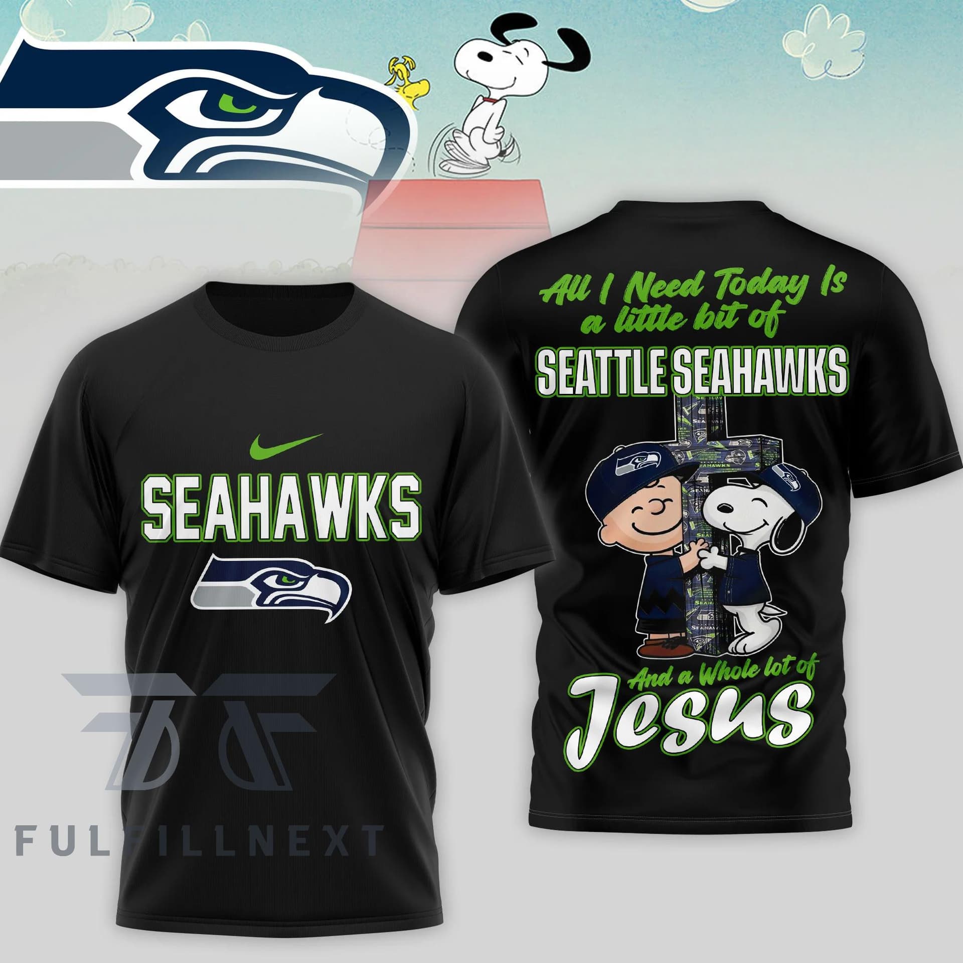 Seattle Seahawks Peanuts Charlie Brown Snoopy T-Shirt - Image 2