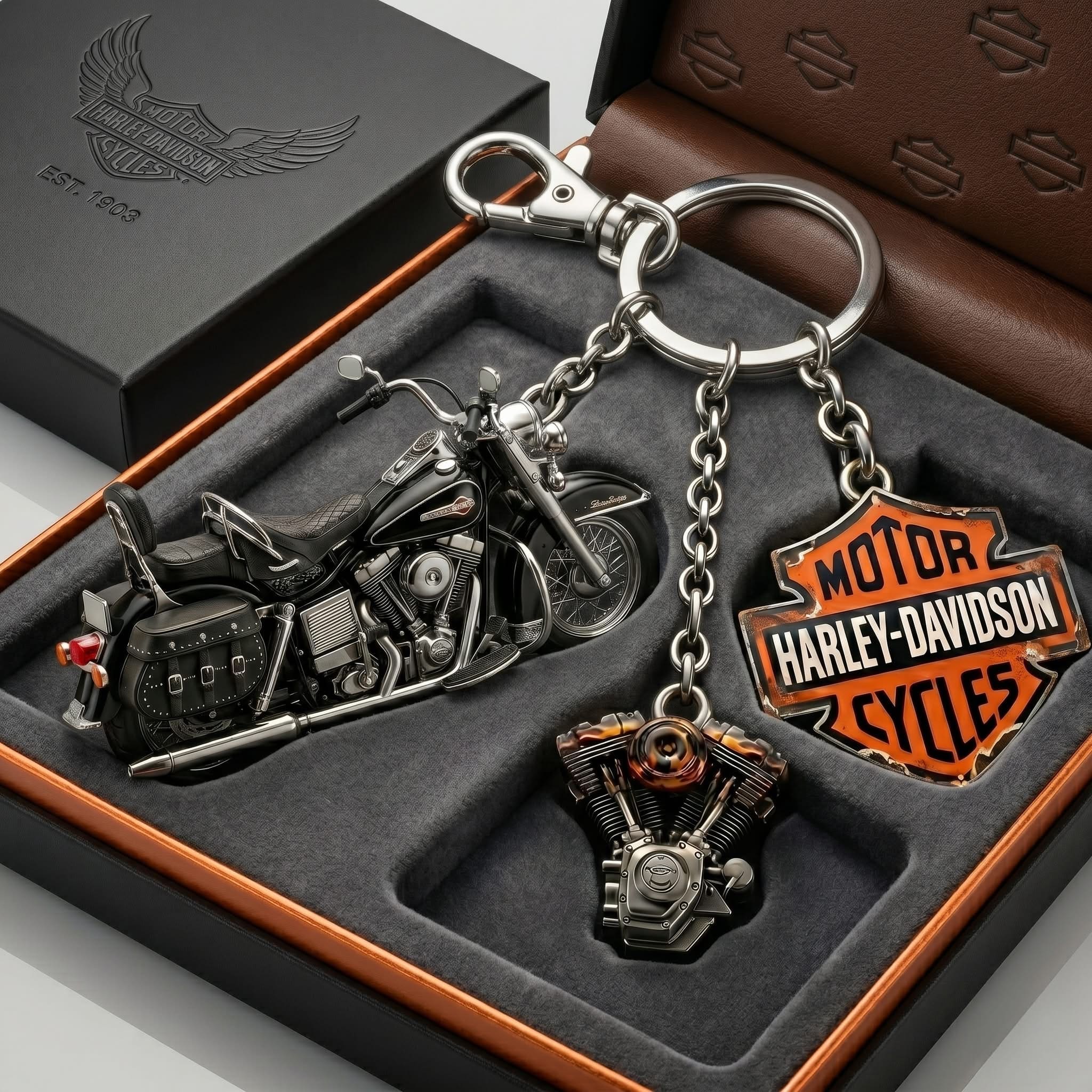 Harley Davidson Motorcycle Engine Keychain Gift Set